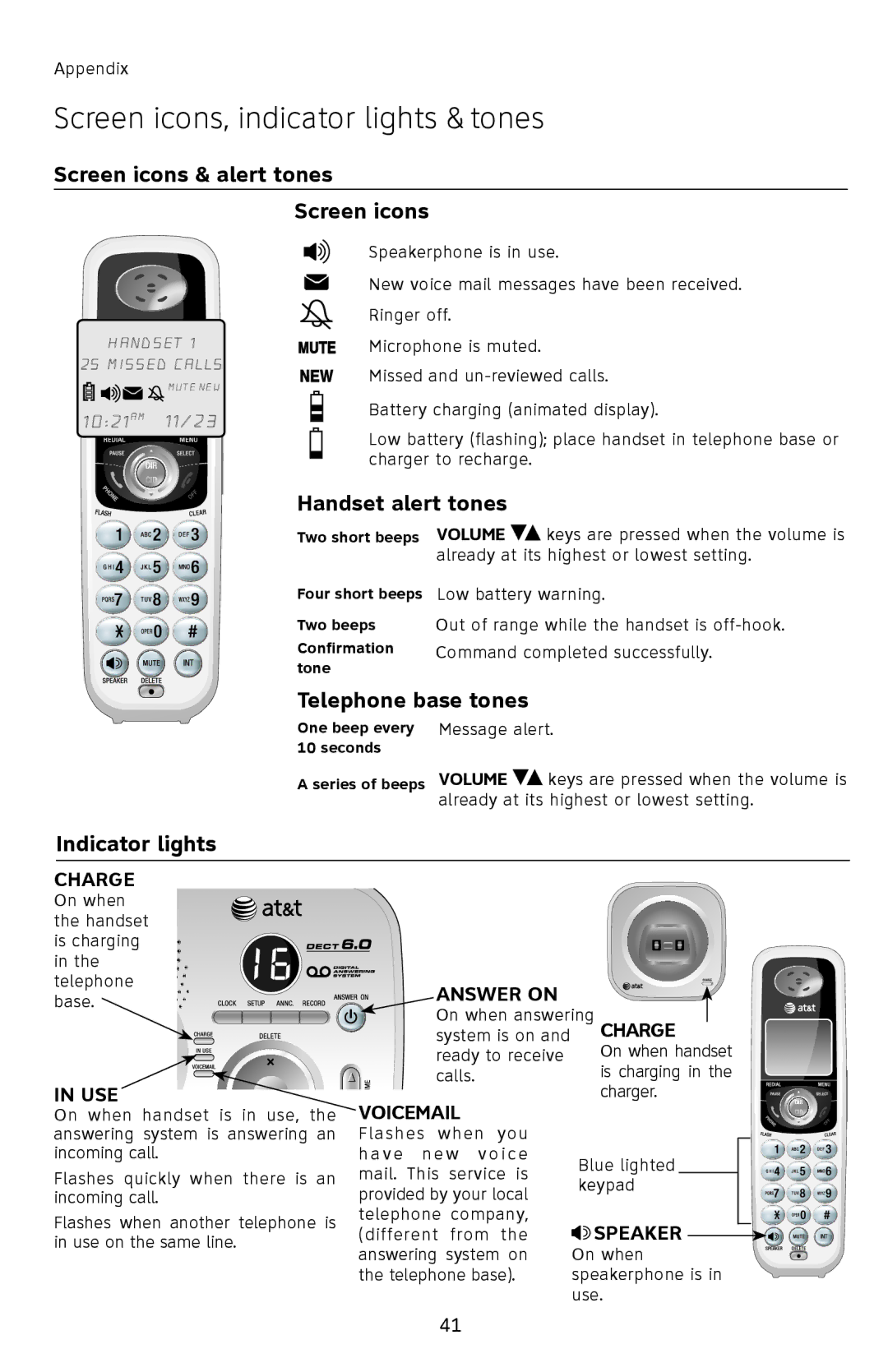 AT&T SL82408 Screen icons, indicator lights & tones, Screen icons & alert tones, Handset alert tones, Telephone base tones 